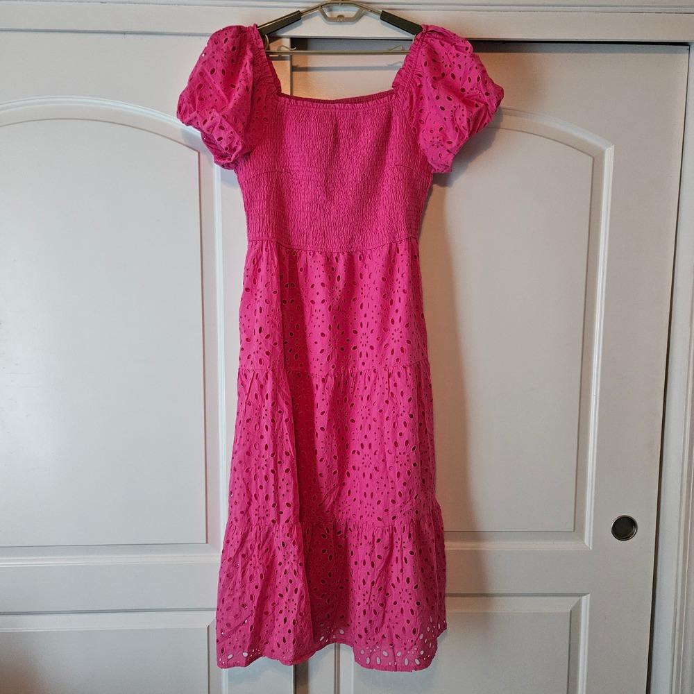 Hot Pink Smocked Puff Sleeve Tiered Midi Dress Eyelet Floral Cottage Modest
